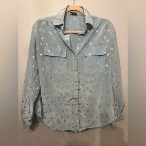 EUC Sz S Women's Light Blue Blouse with Leaf Pattern